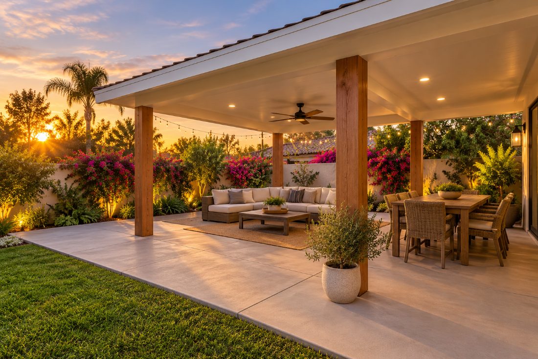Covered backyard patio with outdoor seating and flowering plants at sunset