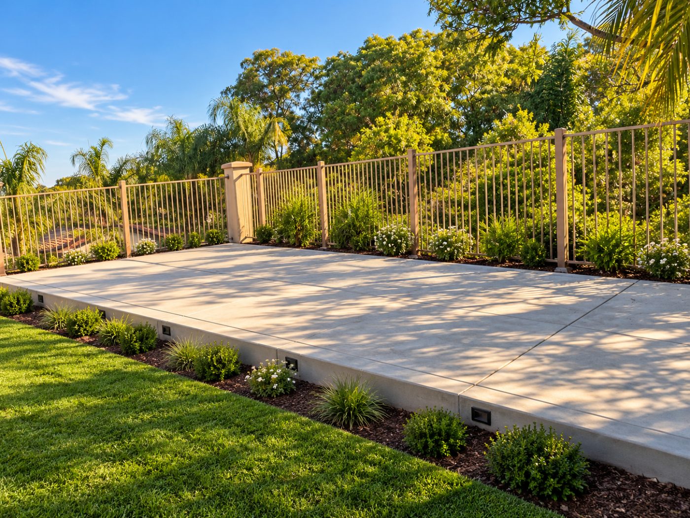 New concrete backyard patio slab with lawn along a fence