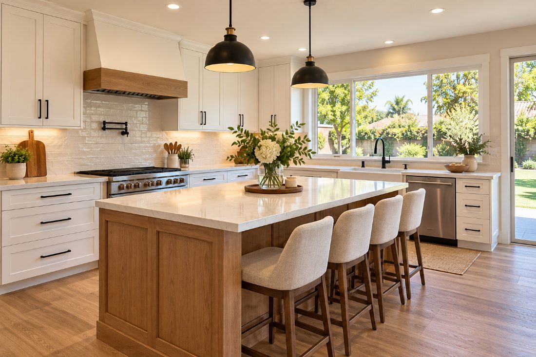 Bright remodeled kitchen with white cabinets and a wood island