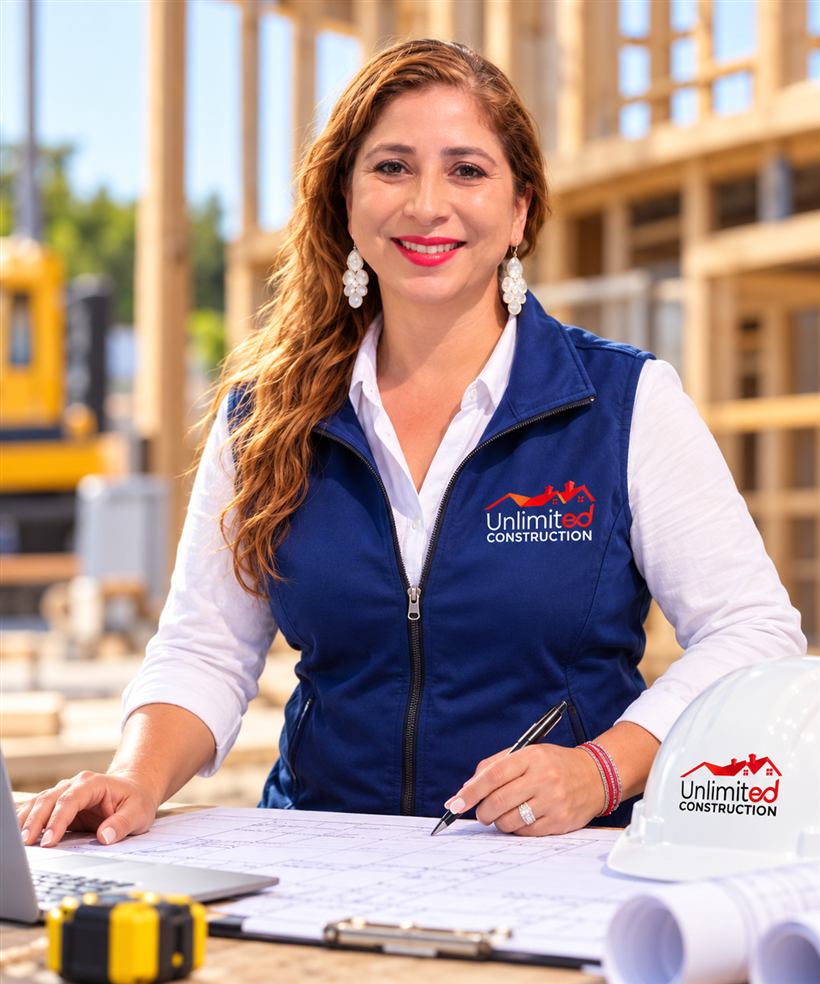 Nancy Paramo, owner of Unlimited Construction, reviewing plans on a job site