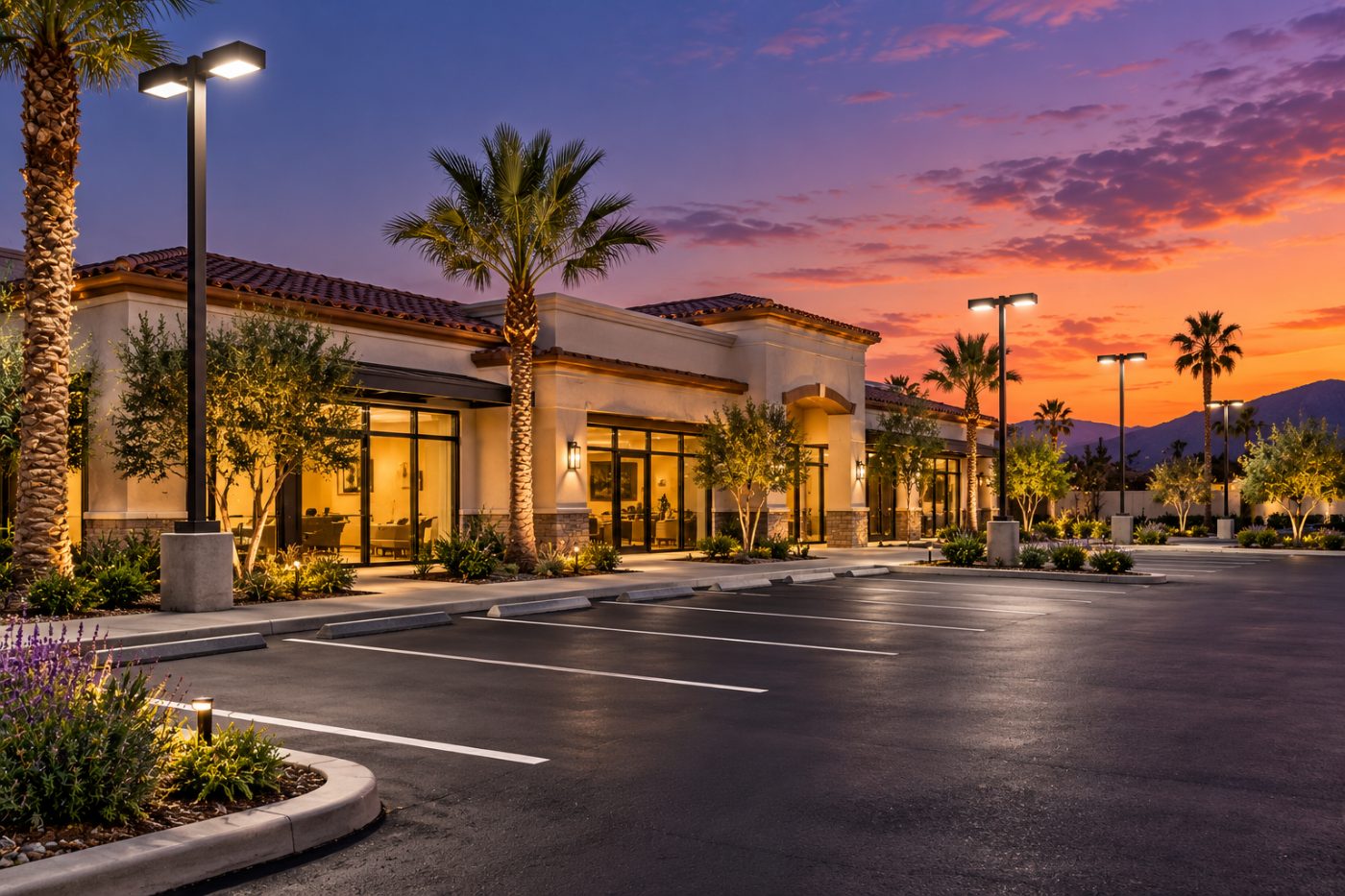 Commercial parking lot lit by LED pole lights at dusk